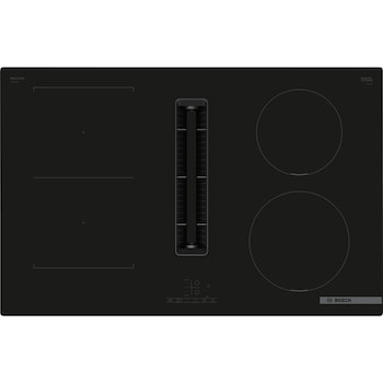 Plita incorporabila Bosch PVS811B16E, Inductie, 4 zone de gatit, Touch control, CombiZone, Hota incorporata, Putere de absorbtie 622 mc/h, EcoSilence Drive, 80 cm, Negru