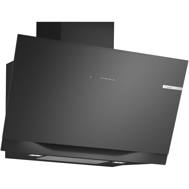 Декоративен абсорбатор за вграждане Bosch DWK91LT60, 3 степени + 2 интензивни, Мощност на абсорбция 1007 м3/ч, 90 см, Черно стъкло