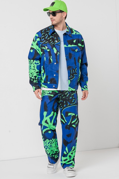 KARL LAGERFELD JEANS, Jacheta din denim cu imprimeu, Negru/Albastru indigo/Verde lime, M