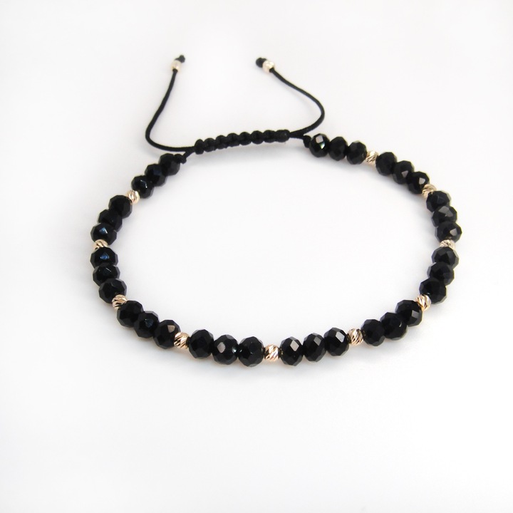 Bratara reglabila cu 12 bile aur 14k de 2.5 mm si cristale sticla negre de 4 mm