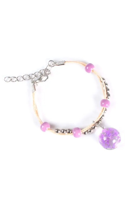 Bratara dama, snur, pandantiv rotund cu bila de sticla pentru plante uscate, floare gypsophila mov, reglabila