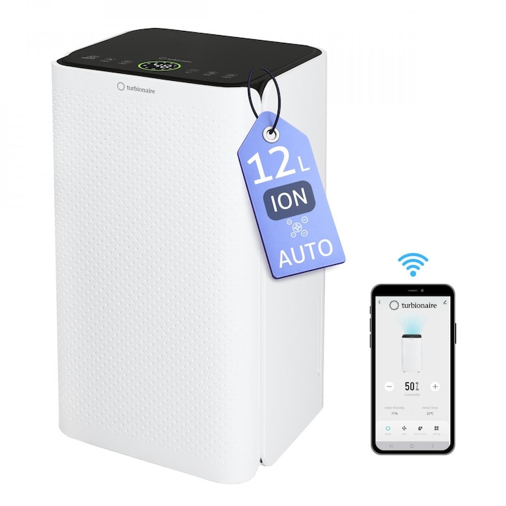 Dezumidificator Turbionaire SENSO N12 WiFi ION, 12 l/24h, Purificare prin Ionizare, Silentios, Rezervor 2l, Uscare Rufe, Control Touch, Sleep Mode, Indicator luminos LED umiditate, Timer
