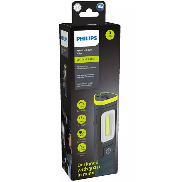 Lampa de lucru cu LED PHILIPS XPERION 6000 PILLAR, 5 W, 500 lumeni, 3.7V, baterie Li-ion 4400 mAh, alimentare USB-C