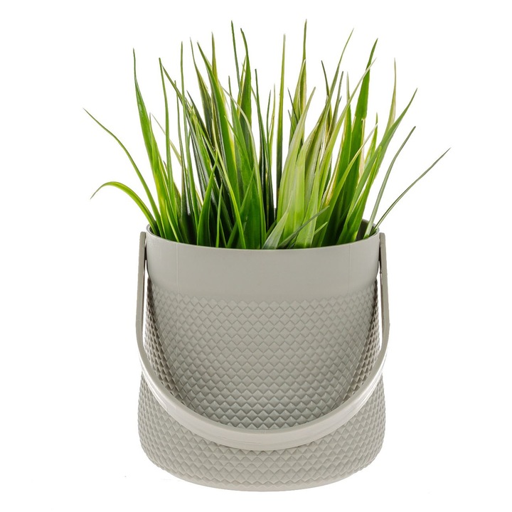 Ghiveci decorativ din plastic bej cu maner si iarba cu frunze verzi Shopiens®, 11 x 18 cm