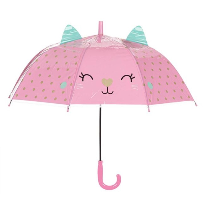 Umbrela de Ploaie Baston Roz cu Buline Aurii Pisica cu Urechi pentru Copii 66cm