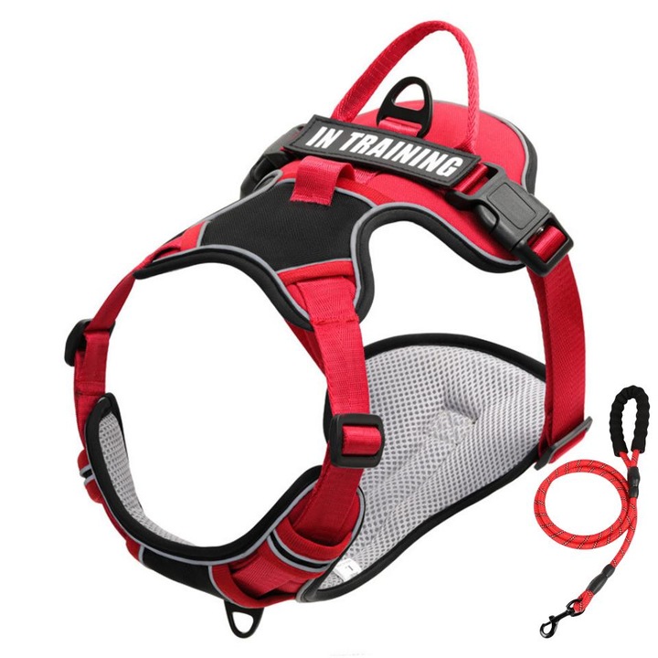 Нагръдник и каишка за кучета със светлоотразителни ленти и дръжка за управление, първокласни материали, регулируеми катарами, с 1.5 м каишка, L, червен