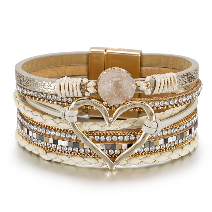 Bratara din piele kaki cu inima, stil boho, 19,5cm