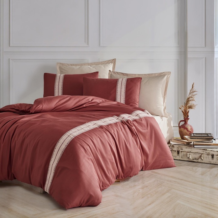 Clasy OLEIN V2 Ranforce Butique Francia ágynemű, 4 db 240 x 260 cm, Krém/piros