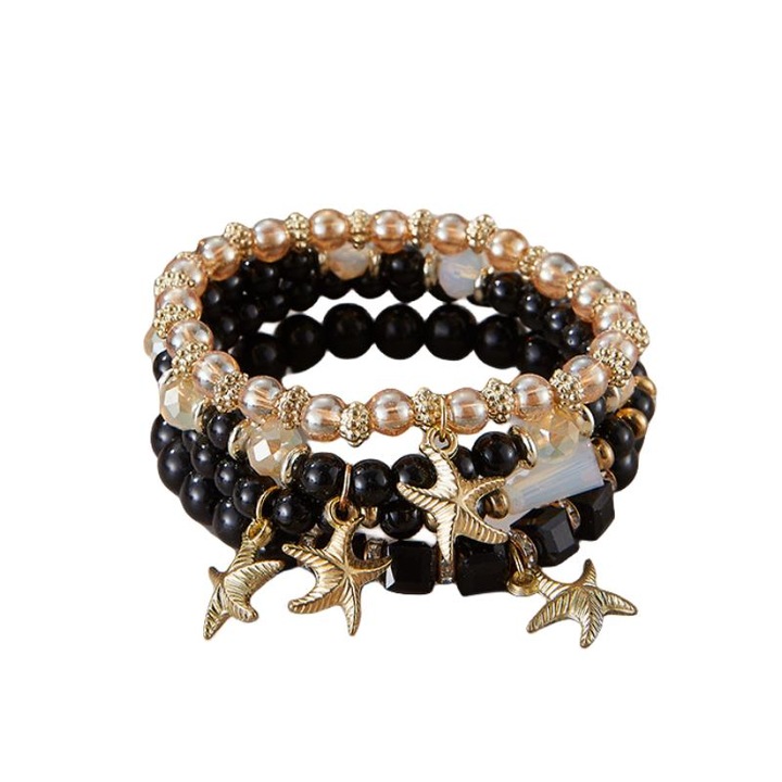 Set 4 bratari dama, bijuterii boeme multicolore pentru femei, bratari delicate, elasticitate，Negru/auriu/alb