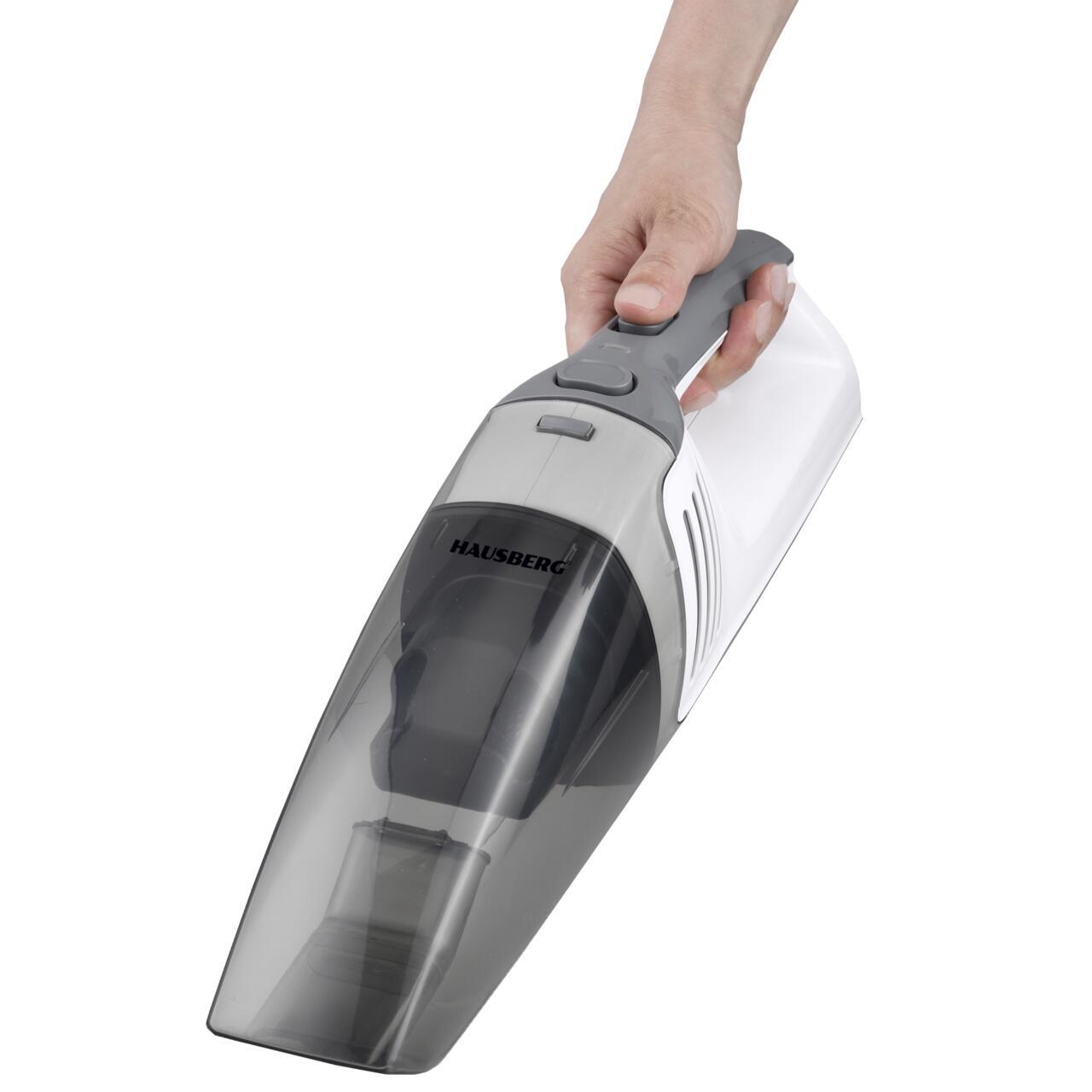 Aspirator de mana Hausberg HB-2035, fara sac, aspirare umeda si uscata, filtru lavabil, 0.45 litri, putere motor 75W DC, duza pentru colturi, acumulator Li-Ion 11.1 V