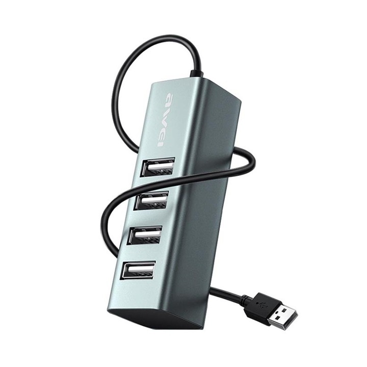 USB адаптер хъб, Awei, алуминий, 4 USB 2.0 изходни порта, 7.7x2.5 x2.5, сив