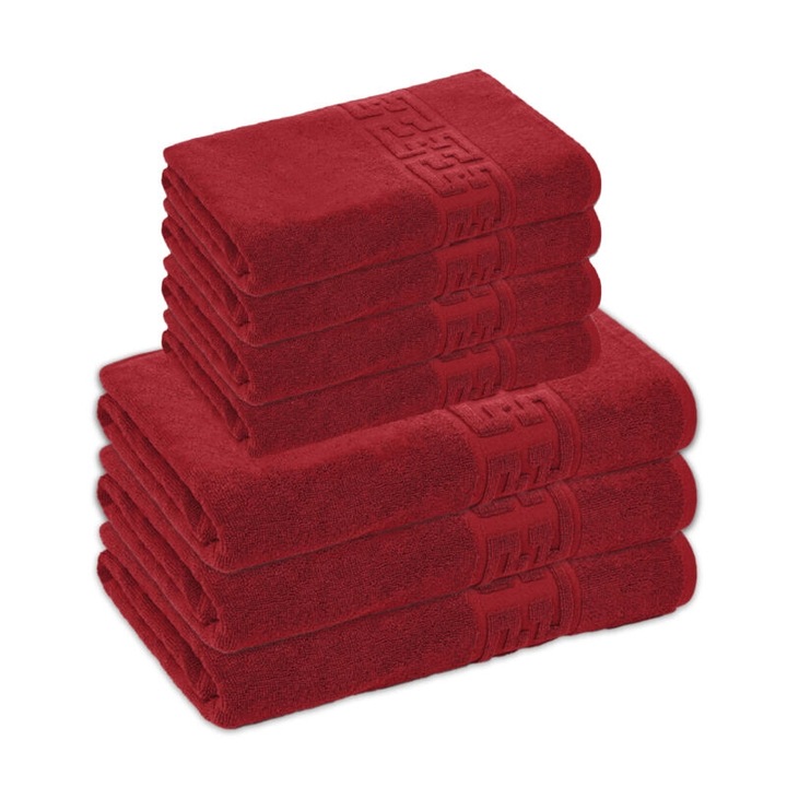 Комплект 7 кърпи за баня, Памук, Гръцка граница, 500g/m², 50x90cm/70x140cm, Червени