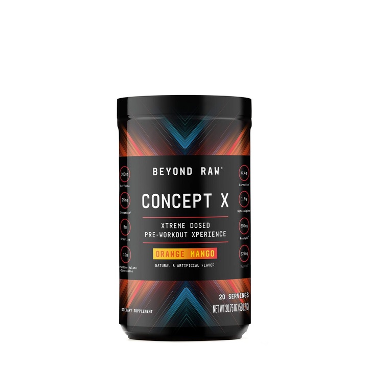 Concept X Pre-Workout, Formula Pre-Workout cu Aroma de Portocale si Mango, Beyond Raw, 588.2 g