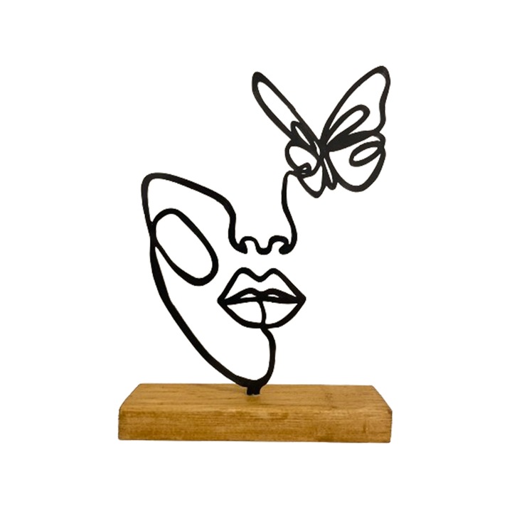 Decoratiune chip de femeie si fluture pe baza de lemn, 22 cm, negru, imprimat 3D