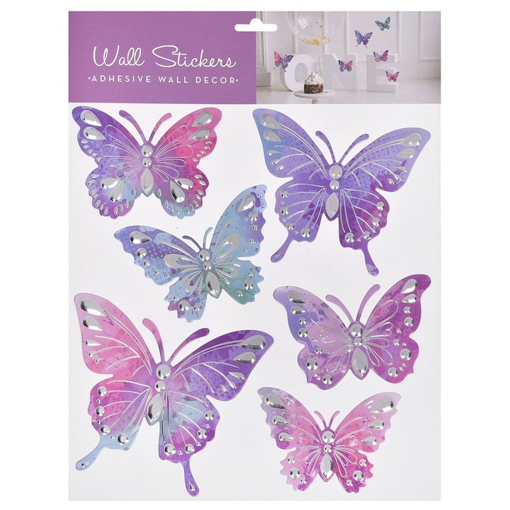 Комплект от 6 Shopiens® 3D декоративни стикера за стена, градиентни лилави пеперуди със сребърни детайли с различни размери, 30,5 x 31 cm