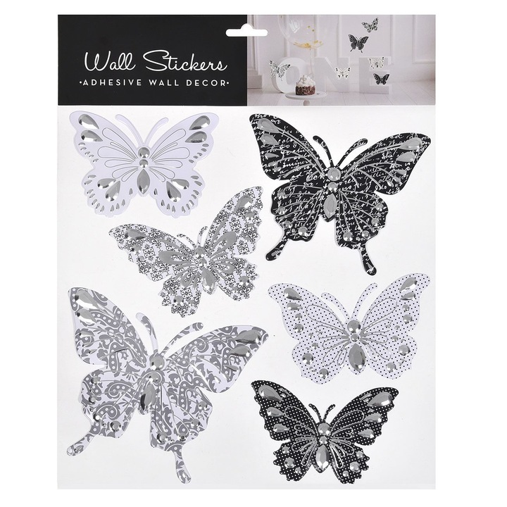 Комплект от 6 Shopiens® 3D декоративни стикера за стена, черни и бели пеперуди със сребърни детайли с различни размери, 30,5 x 31 cm