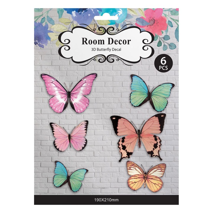 Комплект от 6 Shopiens 3D декоративни стикера за стена, многоцветни холографски пеперуди с различни размери, 21 x 19 cm