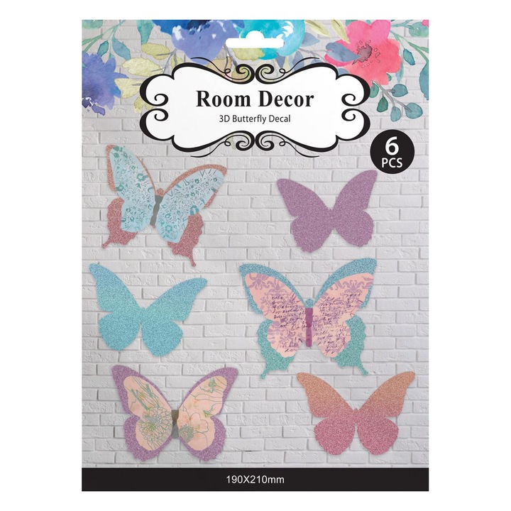 Комплект от 6 Shopiens® 3D декоративни стикера за стена, многоцветни пеперуди с преливащи се кристали с различни размери, 21 x 19 cm