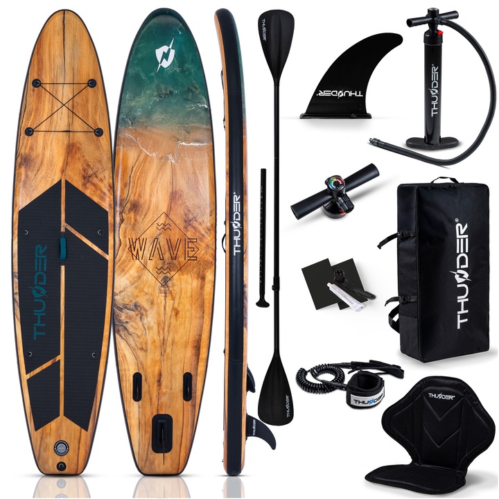 Set placa gonflabila Stand Up PaddleBoard Thunder WOOD, 350x75 x15cm, Kit de reparatii, Geanta de transport, Vasla atasata pentru inot, Pompa, Scaun, Culoare lemn/Maro