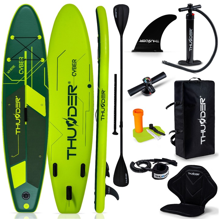 Szett felfújható Stand Up PaddleBoard Thunder Cyber, 320x75x15 cm, javítókészlettel, hordtáskával, pumpával, evezővel, ülés, zöld