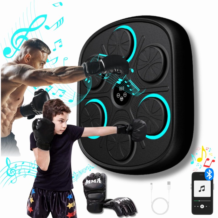 Tinta lovituri Box, Danesso®, Difuzor incorporat, Conexiune Bluetooth, Display pentru monitorizarea loviturilor, Iluminare LED a zonei de lovire, Montabil pe perete, Manusi Incluse, Pentru Copii si Adulti, Negru