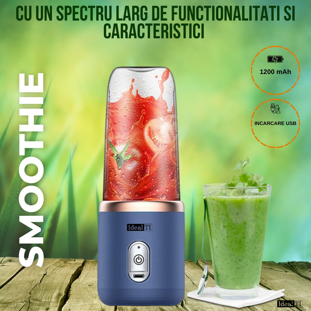Mini Blender Portabil IdealTI, Electric, Incarcare USB, 6 Lame Din Inox
