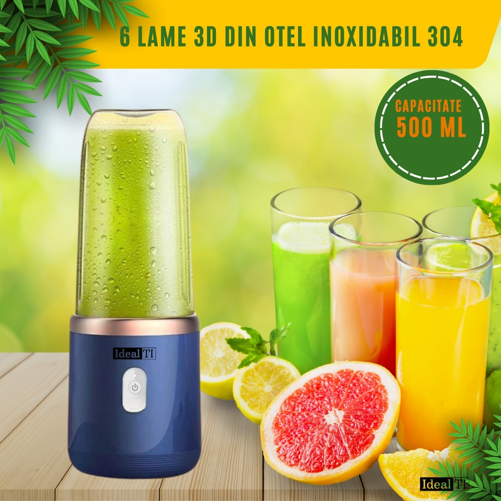 Mini Blender Portabil IdealTI, Electric, Incarcare USB, 6 Lame Din Inox ...