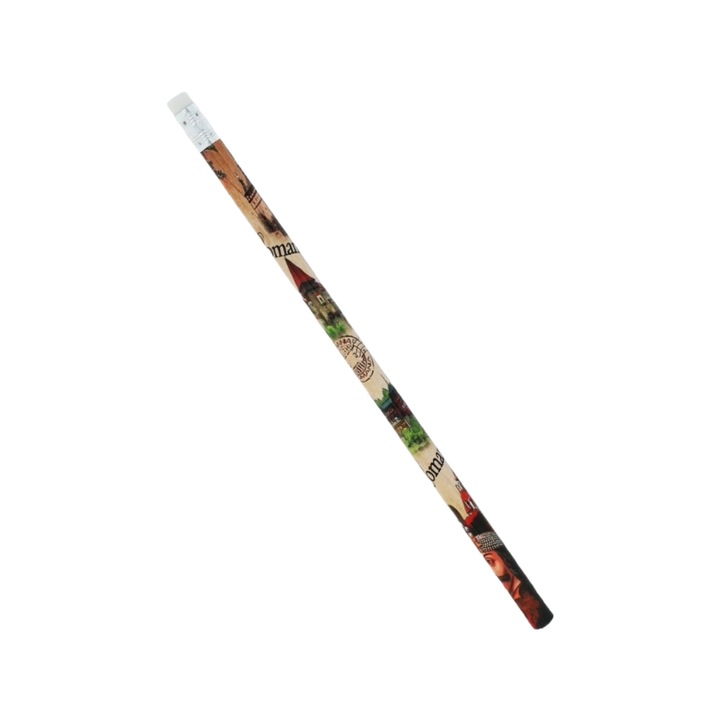Creion cu radiera Suvenir Romania, 19cm, motive traditionale, cadou produse romanesti