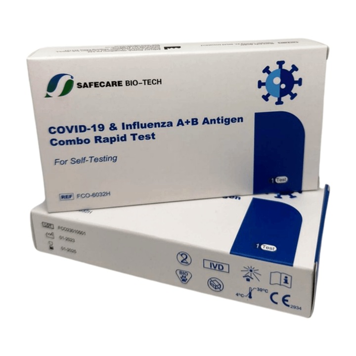Комплект от 2 бързи теста за грип A+B и Covid-19, Safecare