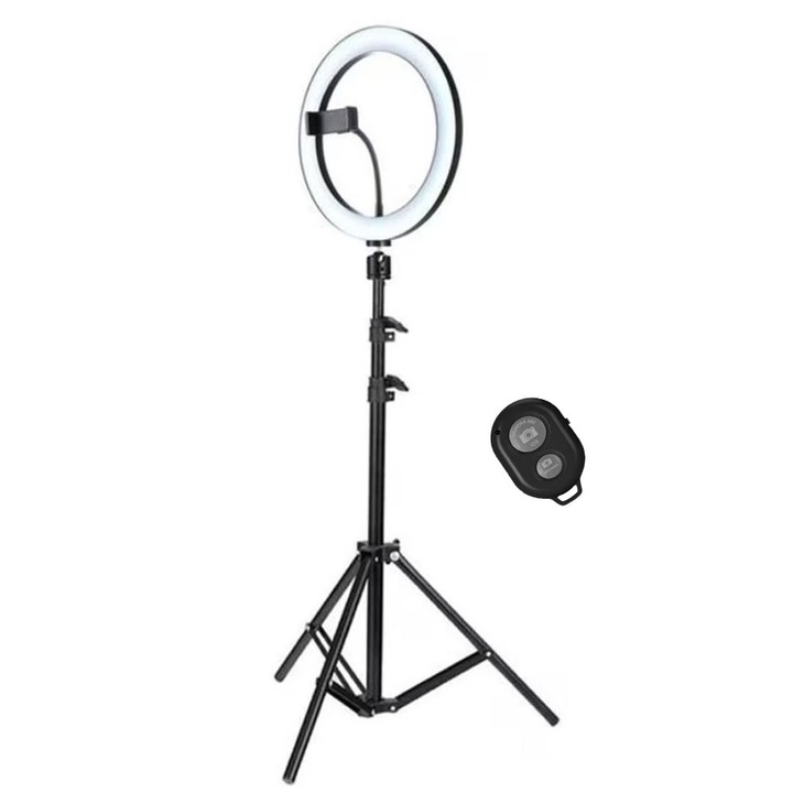 Professzionális körlámpa RING LIGHT LED, NEXTLY, átmérő 26cm, meleg/hideg/semleges fény, 9 fokozatú fény, vezetékes távirányító, bluetooth távirányító szelfihez, telefontartó, állvány 210cm