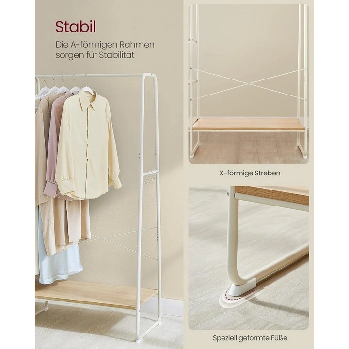 VASAGLE Raft pentru haine cu suport pentru pantofi, 5 polite, 6 carlige laterale, 45x120x160cm, alb+