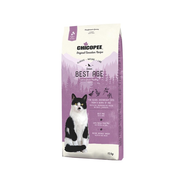 Hrana uscata pentru pisici, Super Premium CHICOPEE Senior Best Age, aroma de pasare, fara grau, 15 kg