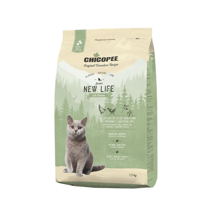 Hrana uscata pentru pisici, Super Premium CHICOPEE Junior New Life, aroma de pui, 33% proteine, 1.5 kg