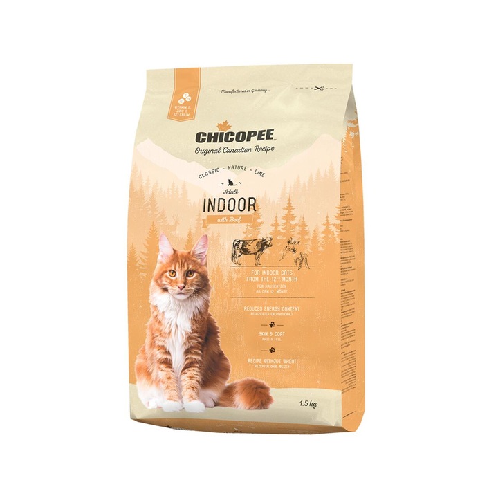 Hrana uscata pentru pisici, Super Premium CHICOPEE Adult Indoor, aroma de vita, fara grau si gluten, 31% proteine, 1.5 kg