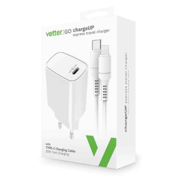 Töltő és kábel USB-C / Lightning 20W Vetter Go töltse fel fehéren