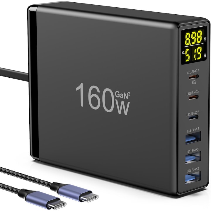 160W USB C GaN мрежово зарядно устройство, станция за зареждане с 6 ...