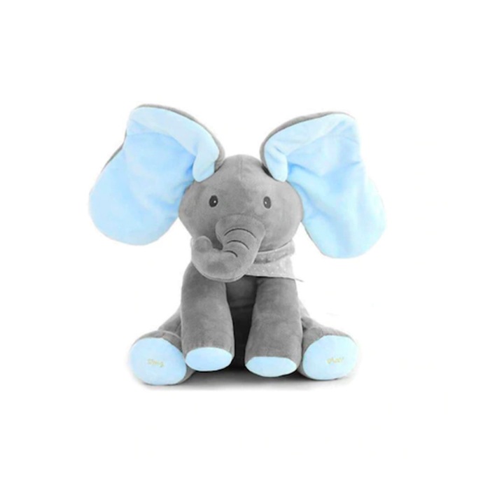 Jucarie Elefant Cucu-Bau, Virtual Trend®, canta si isi acopera capul cu urechile, 30 cm, Gri/Albastru