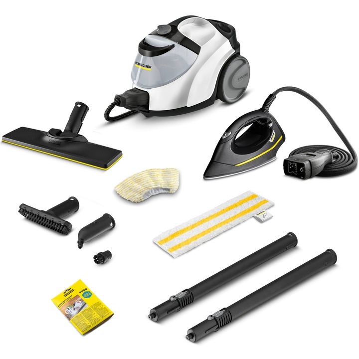 Парочистачка Karcher SC 5 EasyFix Iron EU, 1.512-661.0, 2250 W, 4,2 бара, 1,5 л, Нагряване 3 мин, Съдържа универсална кърпа EasyFix White, Прах за отстраняване на котлен камък, Ютия под налягане EasyFinish, Бял/Черен