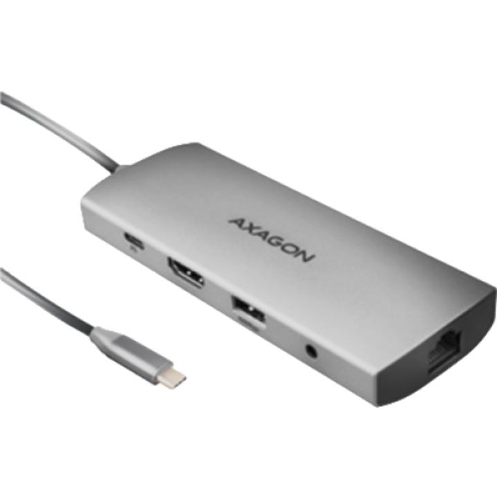 USB хъб, AXAGON HMC-8HLSA USB-C 3.2 Gen 1 hub, 3x USB-A 4K/30Hz HDMI SD/microSD, GLAN, Audio, PD 100W, 20cm USB-C cable
