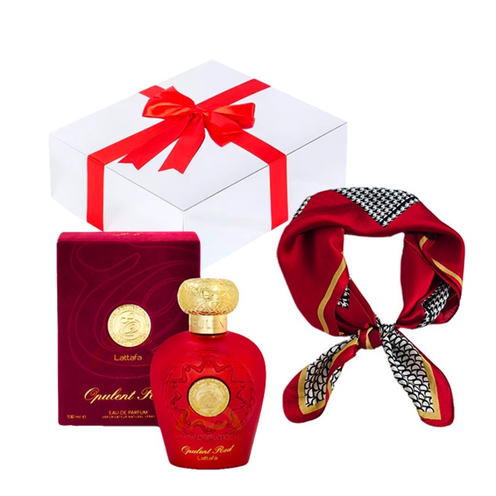Комплект Essence&Shawl Lattafa Opulent Red, Парфюмна вода 100 ml + сатенен шал + подаръчна кутия с панделка
