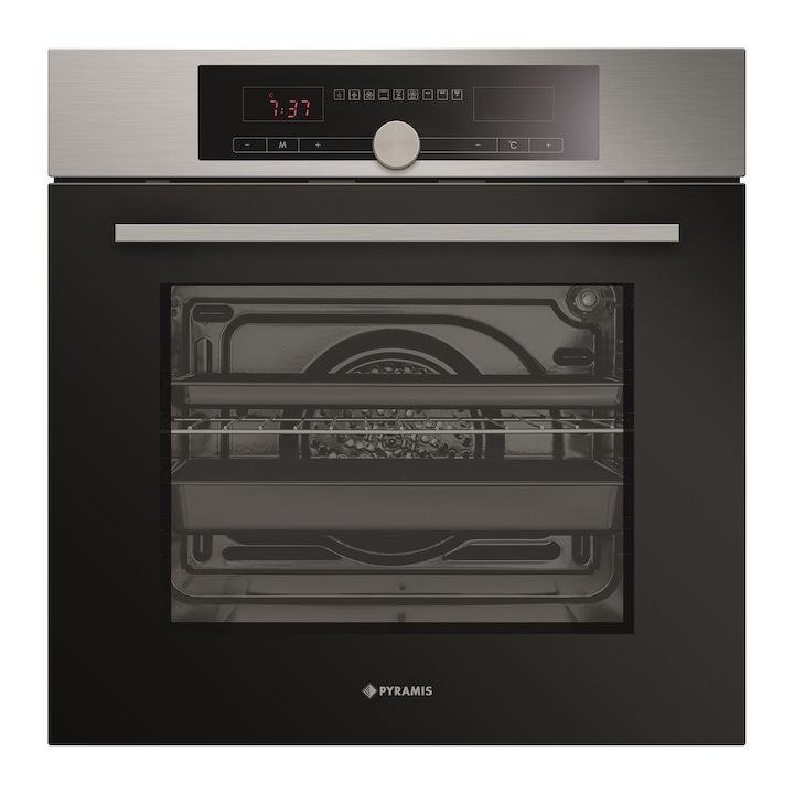 Pachet Pyramis PHI 63432FMB9001, cuptor electric incorporabil si plita inductie, 8 moduri de operare, clasa A, volum 69 litri, control mecanic, timer, easy clean, 4 zone de gatit, 2 zone Bridge, finisaj sticla neagra