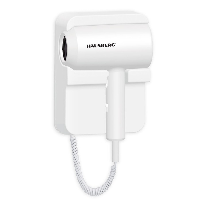 Hajszárító falra szerelhető HAUSBERG HB-260AB, 1200W, 2 sebességfokozat, túlmelegedés elleni védelem, tartozékok mellékelve, Fehér