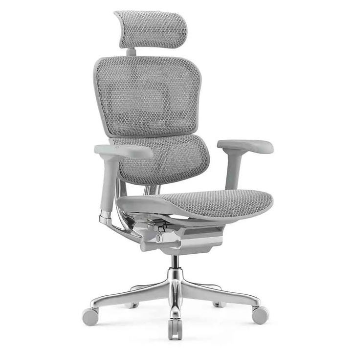 QMOBILI Ergohuman 2 HI Elite szék, szürke T háló, szürke váz, 2D fejtámla, állítható deréktámasz, 5D állítható karok, fordítható ülés, alumínium talp