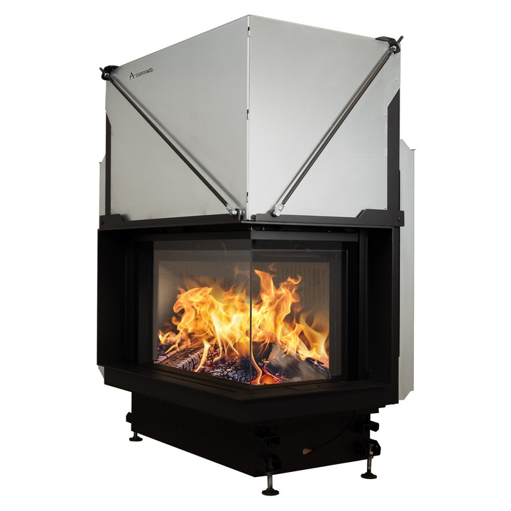 Focar semineu pe lemne / brichete model A-CAMINETTI QUATTRO 50 R PREMIUM, usa laterala pe dreapta, dimensiuni: 1442 (h) x 729 x 874 mm, 2 laturi sticla, usa relevabila