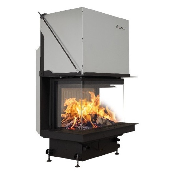 Focar semineu pe lemne / brichete model A-CAMINETTI CRYSTAL 90 PREMIUM, dimensiuni: 1442 (h) x 722 x 1063 mm, 3 laturi sticla, usa relevabila