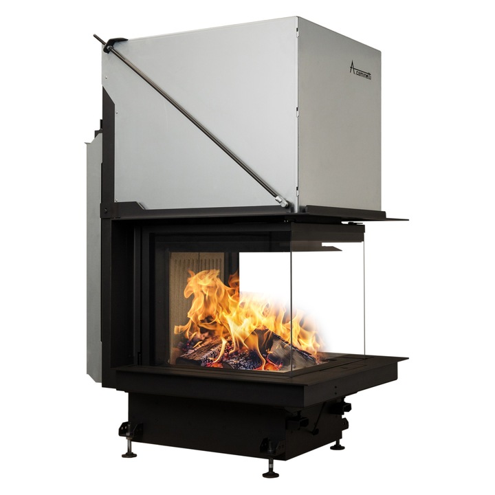 Focar semineu pe lemne / brichete model A-CAMINETTI CRYSTAL 3D 50/70 PREMIUM, dimensiuni: 1442 (h) x 1072 x 713 mm, 3 laturi sticla, usa relevabila, 14 kW putere maxima
