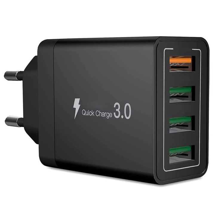 Dugaszoló töltő, Zola®, 4 x USB 3.0, iOS és Android, 3,5 mA, 8,5x4,5x2,7 cm, fekete