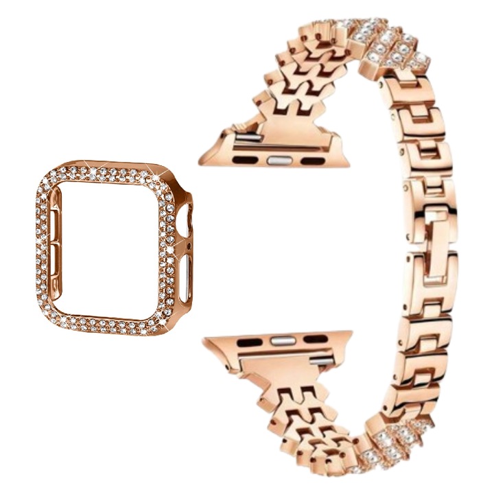 Curea si Carcasa din Aliaj de zinc, Decorate cu pietre stras, Compatibile cu Smartwatch Apple 3/2/1 38mm - Multi, Marimea 44, Auriu/Roz