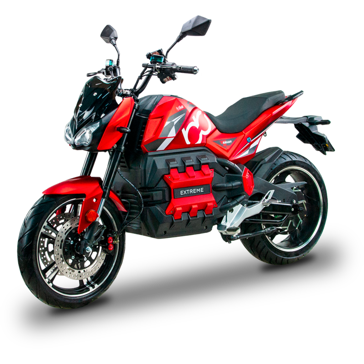 Motocicleta electrica BILI BIKE EXTREME 6 kW brushless, viteza max 100 km/h, autonomie 210 km*, 72V 100Ah, frane disc E-ABS, suspensie MONOSHOCK, LED, ecran LCD, suport telefon + USB, rosu/negru