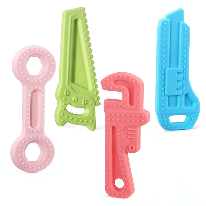 Set 4 jucarii de dentitie pentru bebelusi, Silicon, Multicolor